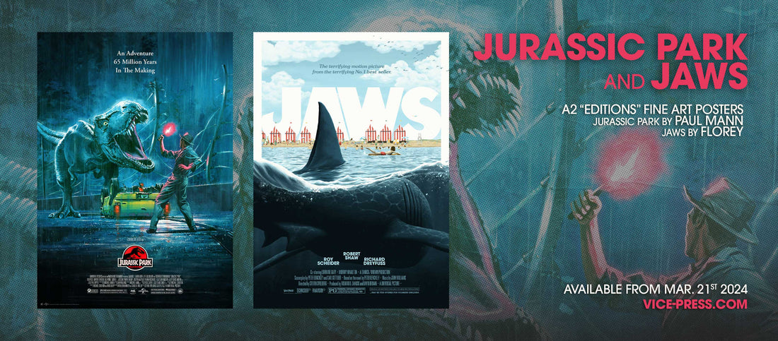 Jurassic Park by Paul Mann and Jaws by Florey poster header