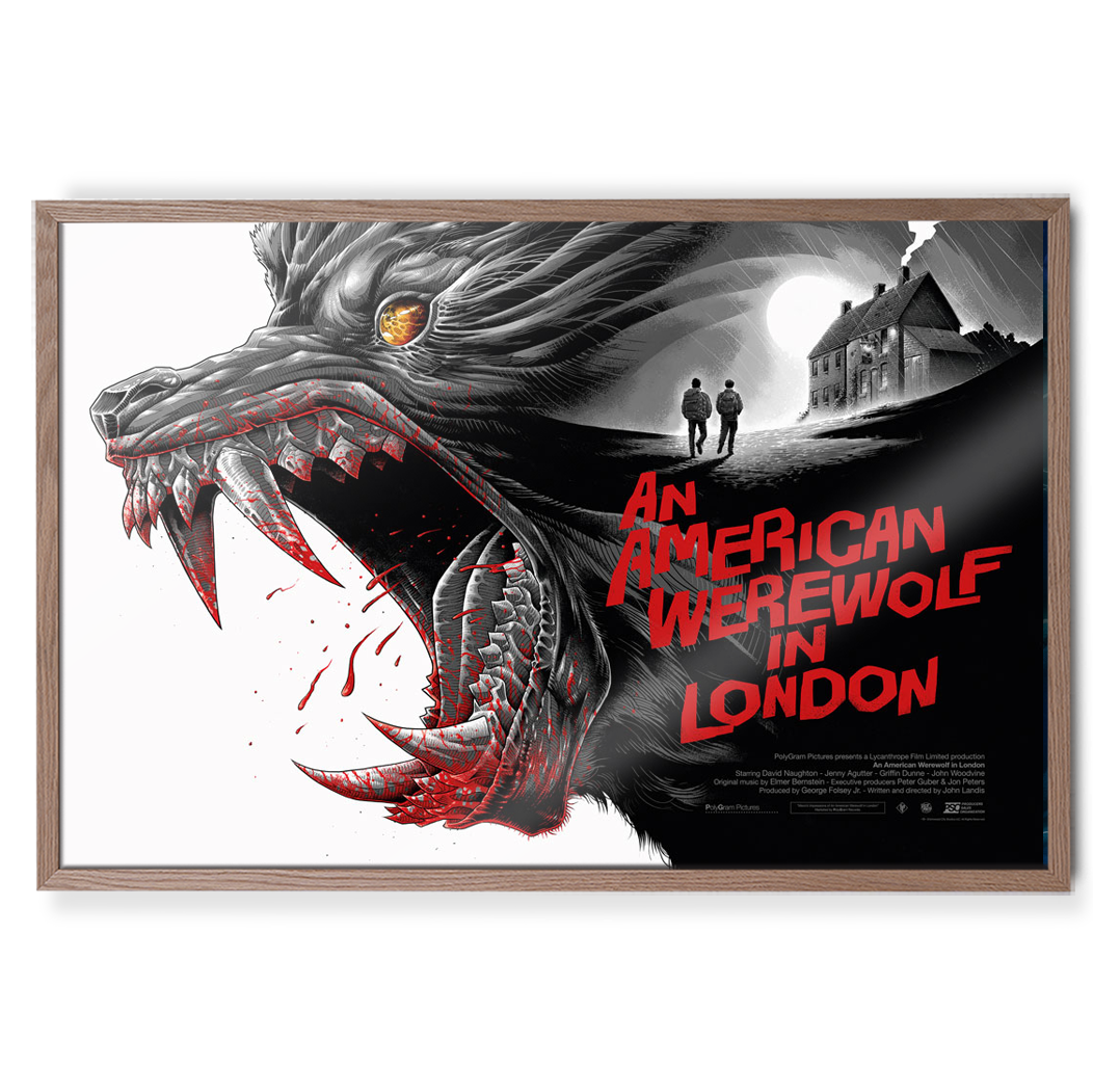 An American Werewolf In London Variant movie poster by Luke Preece in natural oak frame