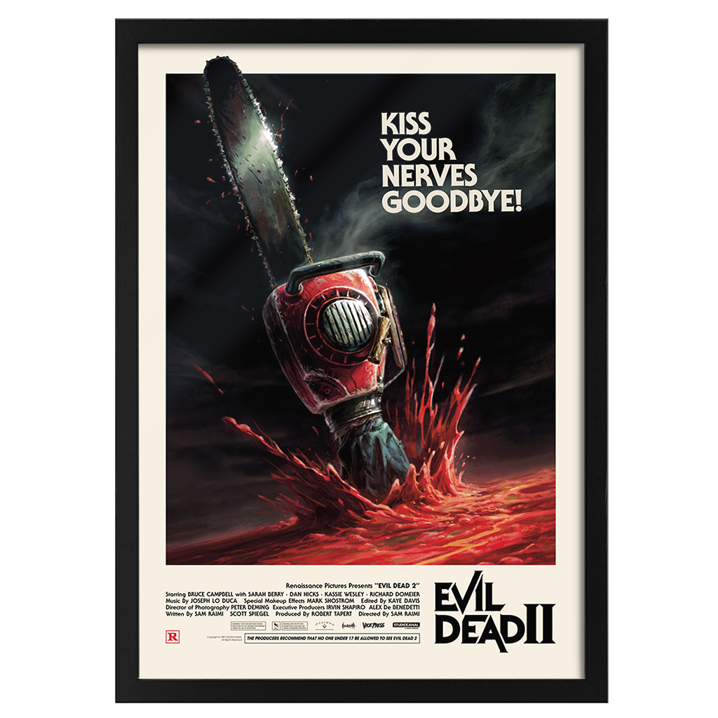 Framed Evil Dead II Movie Poster by James Bousema in black frame