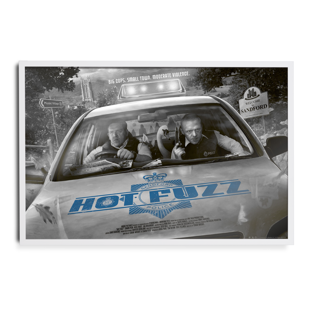 Hot Fuzz Variant Poster by Kevin Wilson in white frame