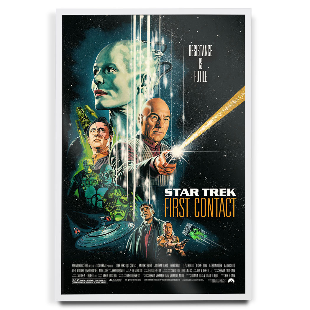 Star Trek First contact movie poster by Paul Mann in white frame