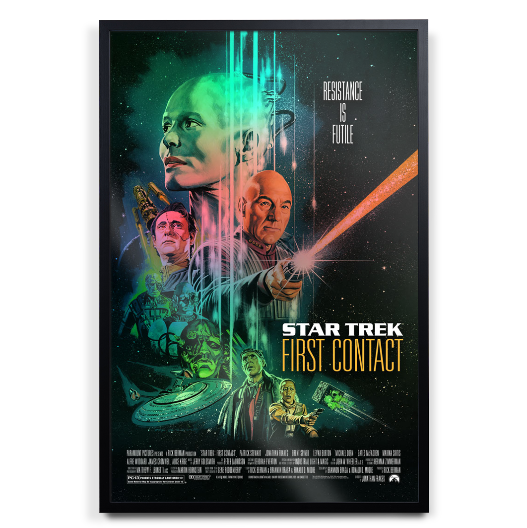 Star Trek First contact foil variant poster by Paul Mann in black frame