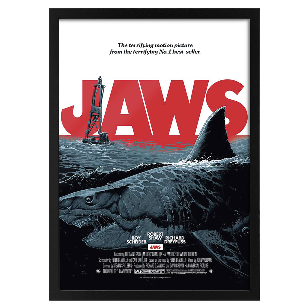 jaws editions movie poster by Luke Preece in black frame