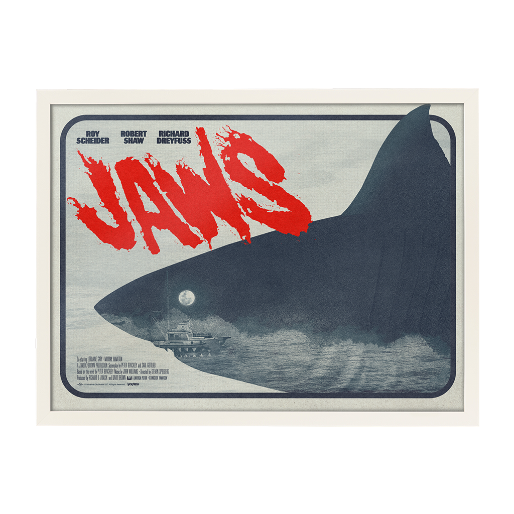 Jaws movie poster by Matt needle in white frame