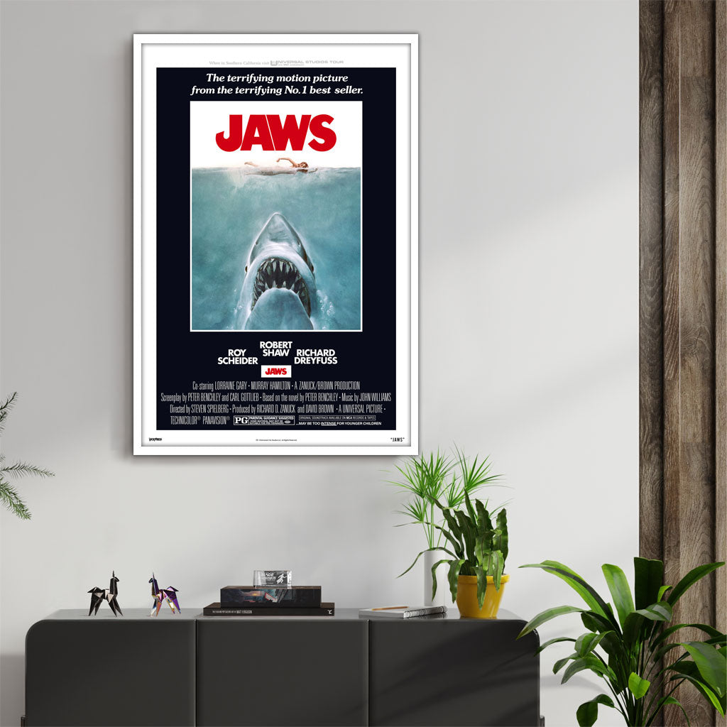 Jaws original movie poster in white frame