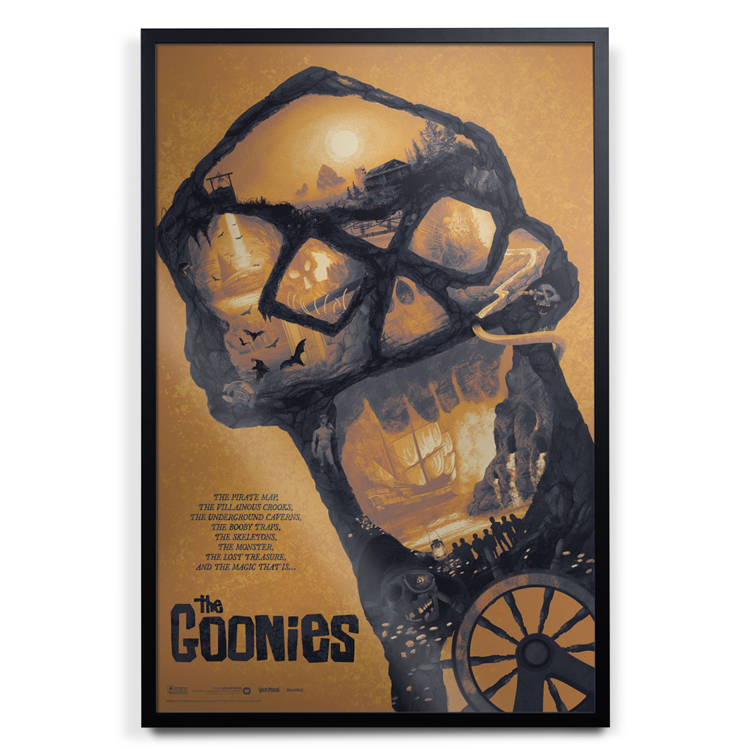 The Goonies Foil Variant Movie Poster by Bella Grace in black frame
