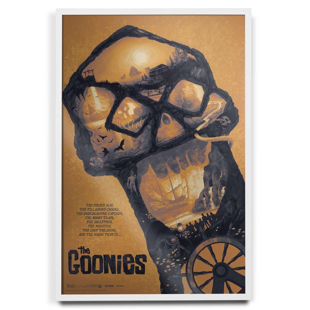 The Goonies Foil Variant Movie Poster by Bella Grace in white frame