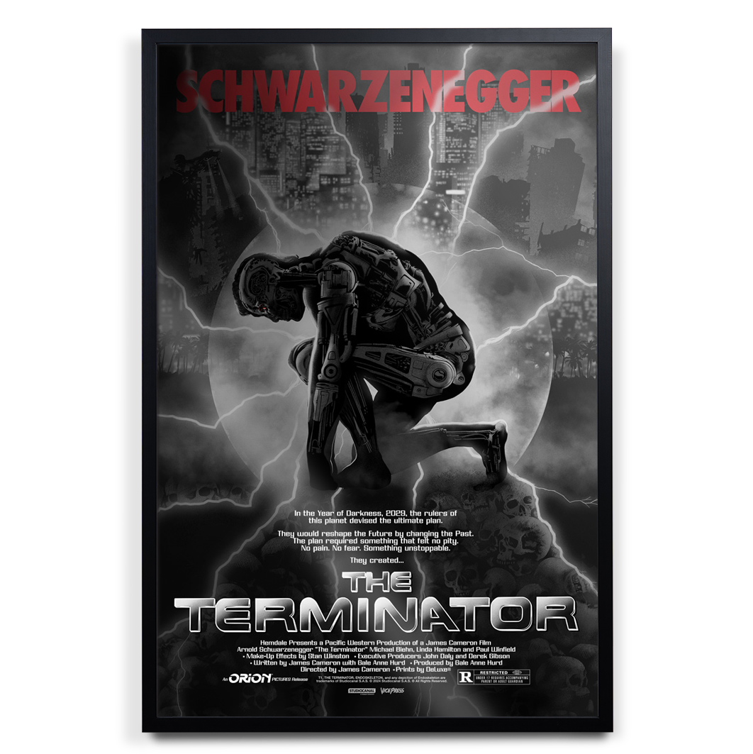 The Terminator Foil Variant movie poster by Raid 71 in black frame