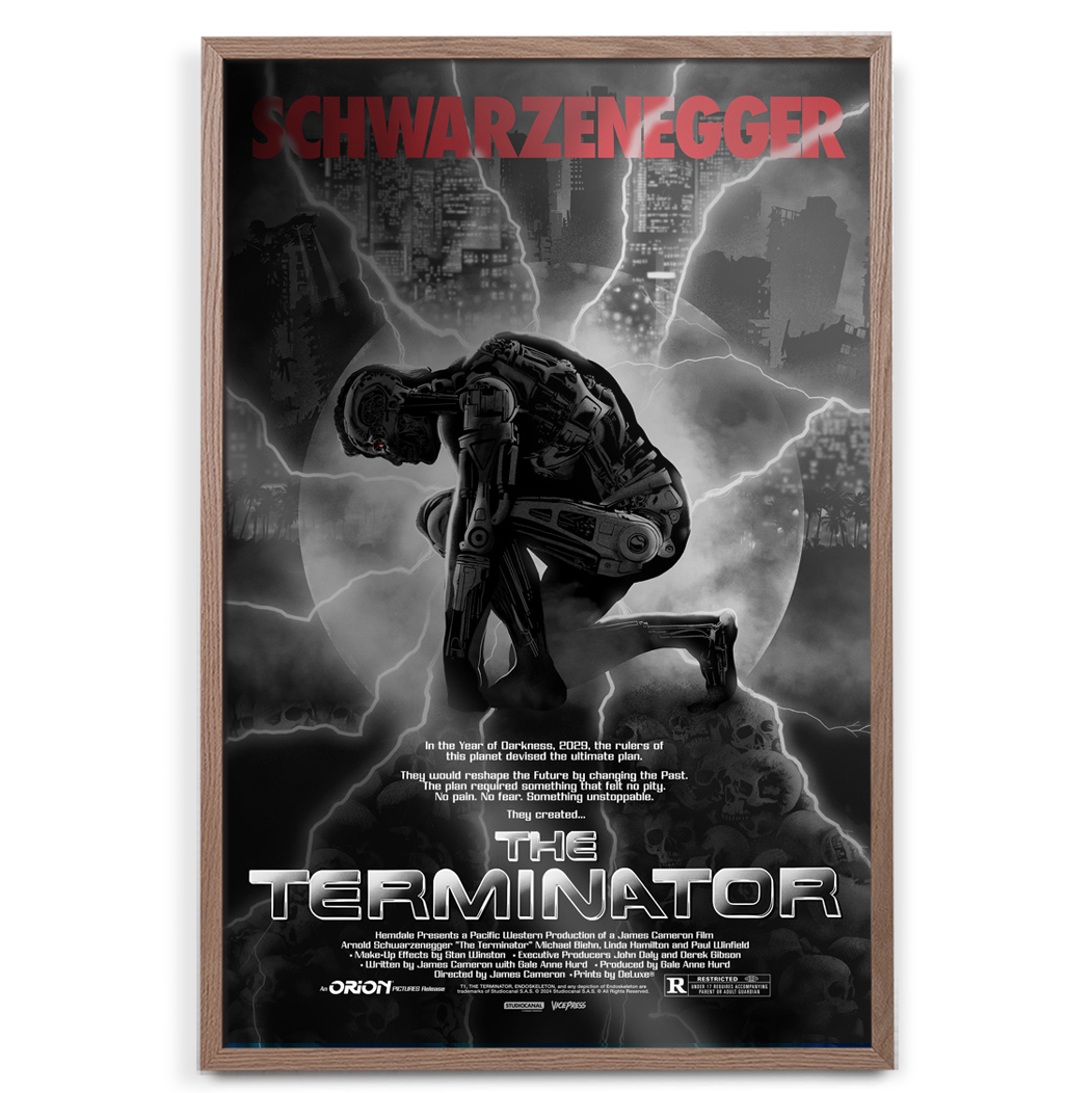 The Terminator Foil Variant movie poster by Raid 71 in natural frame