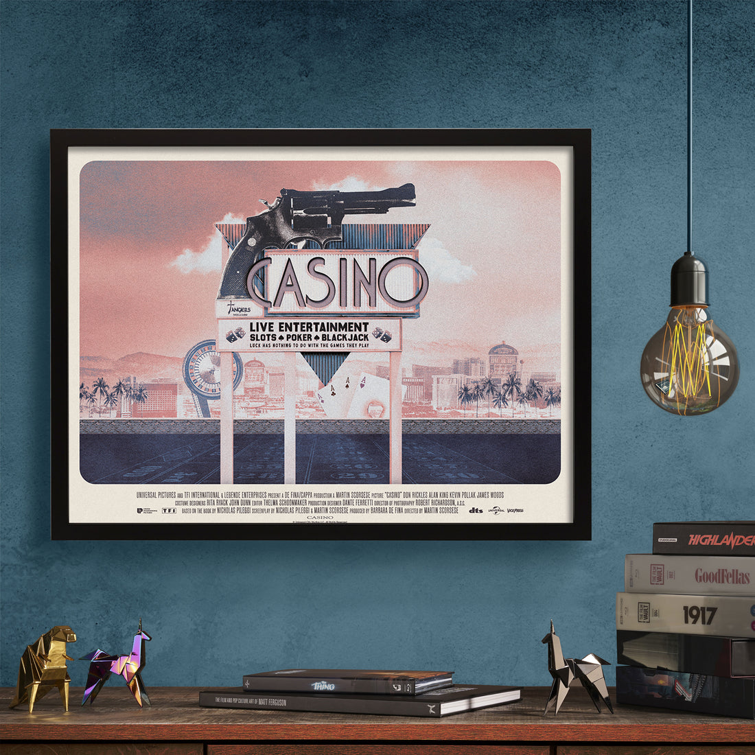 Casino officially licensed mover poster by Matt Needle in black frame on a wall