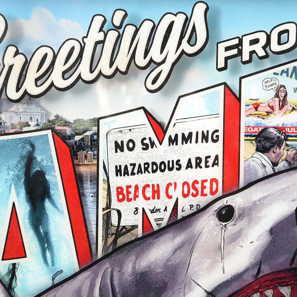 Jaw Greetings From Amity Island framed diorama detail