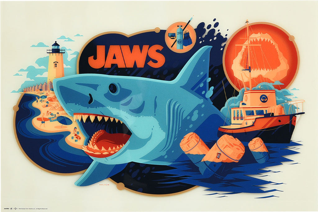 Jaws Multi-Layer Acrylic poster by Tom Whalen