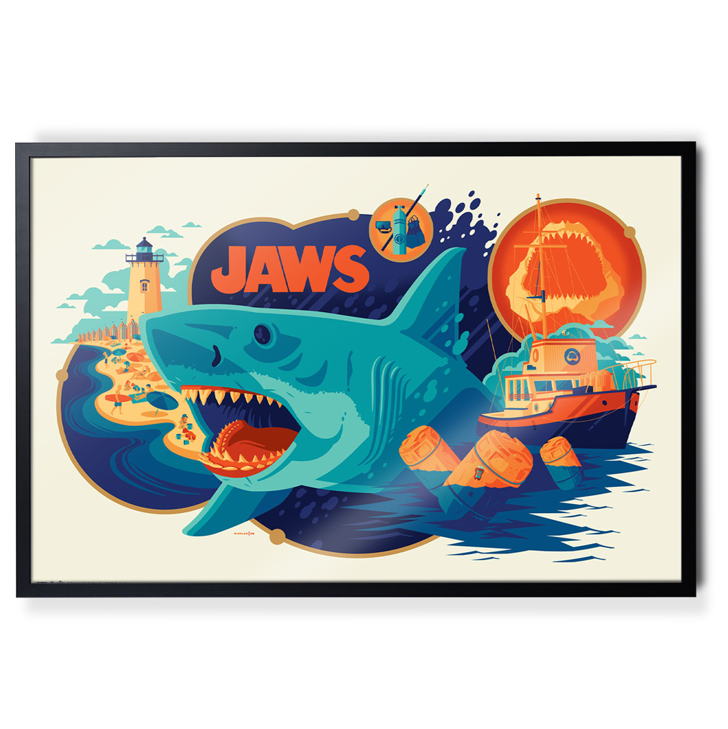 Jaws poster by Tom Whalen in black frame