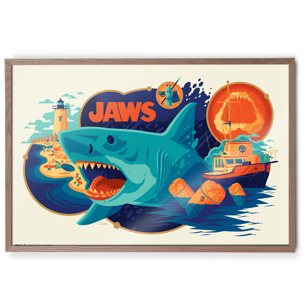 Jaws poster by Tom Whalen in natural frame
