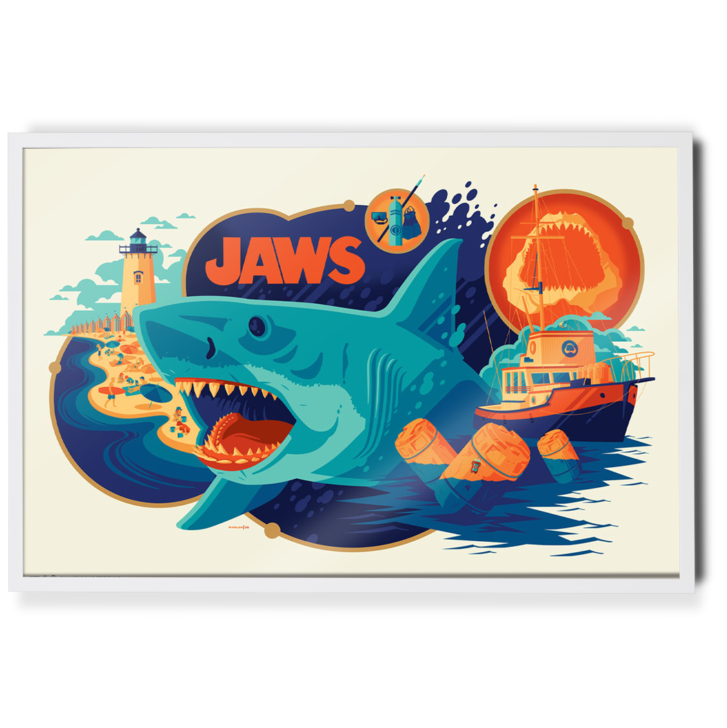 Jaws poster by Tom Whalen in white frame