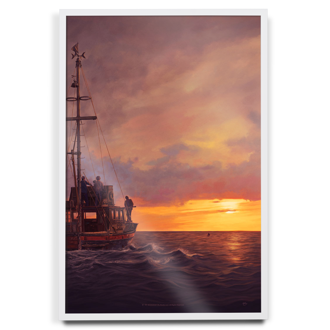 Jaws art print poster by Sam Gilbey in white frame
