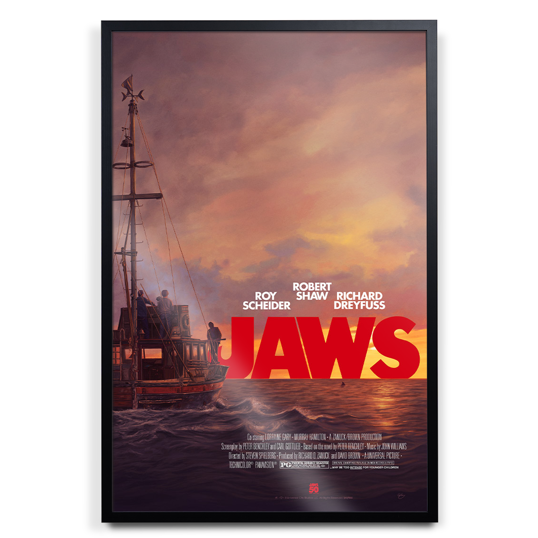 Jaws movie poster by Sam Gilbey in black frame