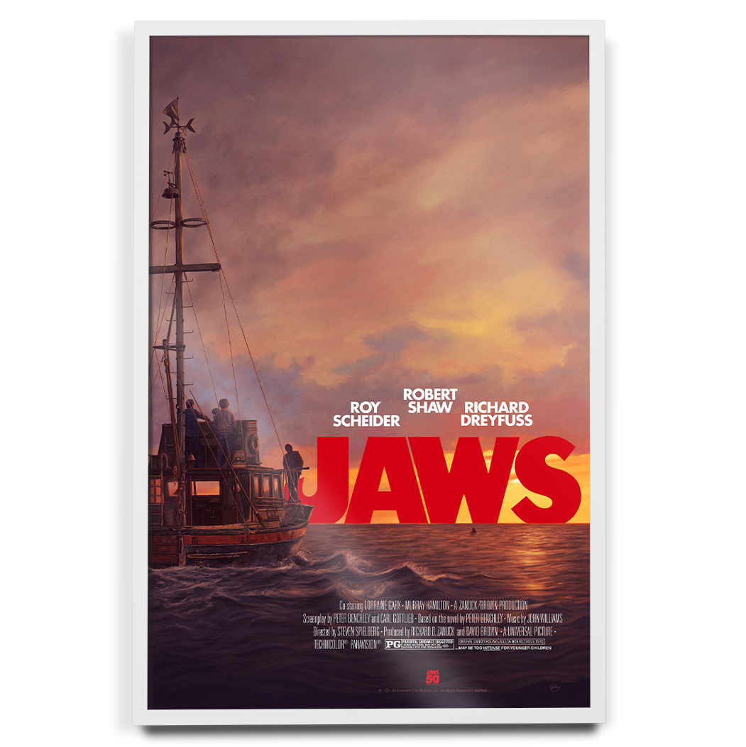Jaws movie poster by Sam Gilbey in white frame