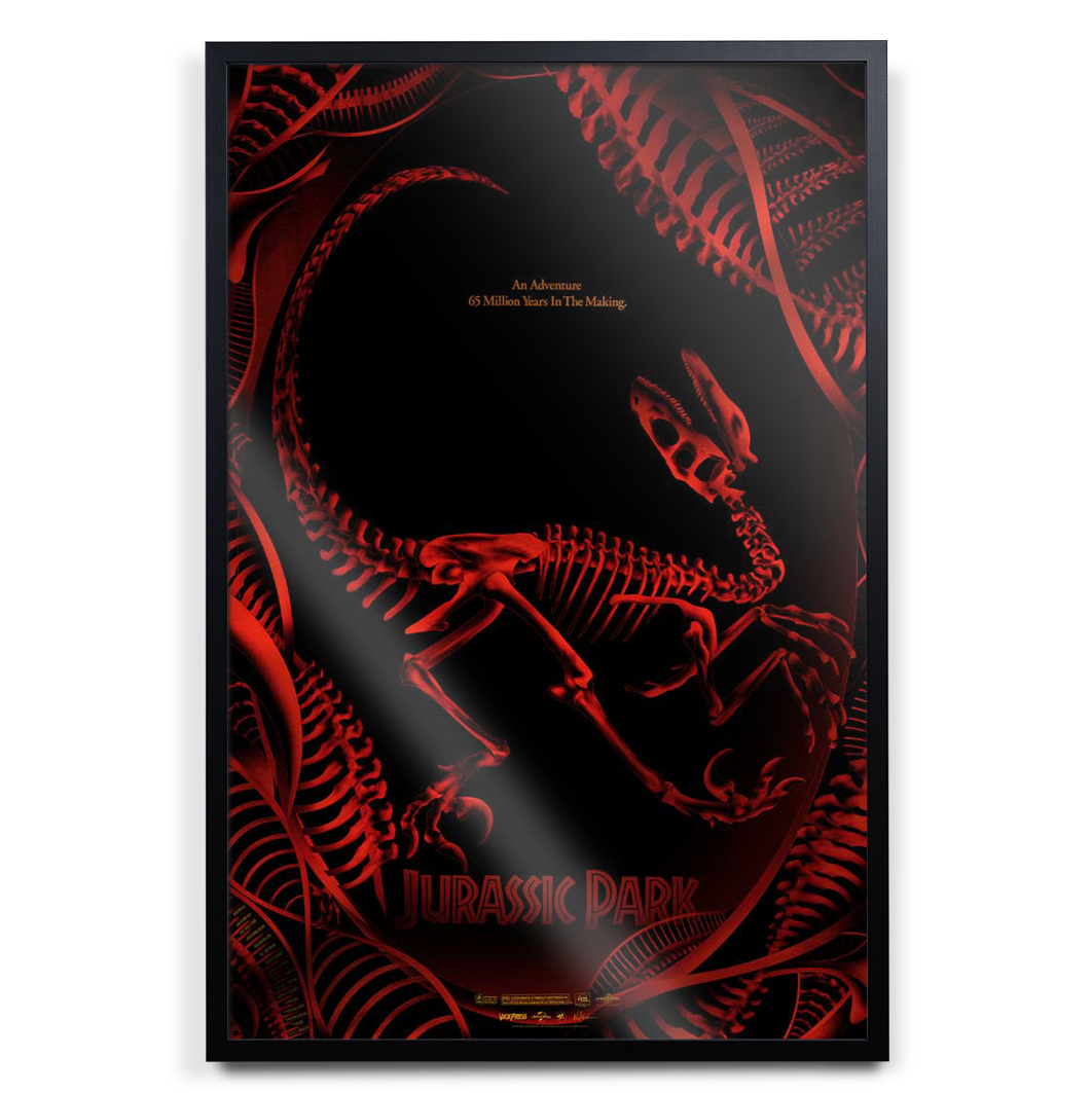 Jurassic Park Foil Movie Poster by Nada Maktari in black frame