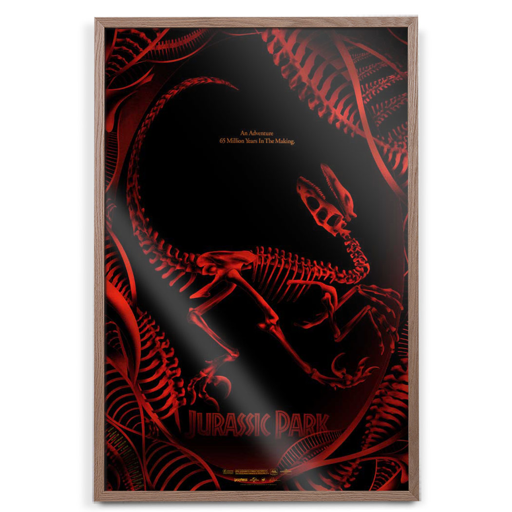 Jurassic Park Foil Movie Poster by Nada Maktari in oak frame