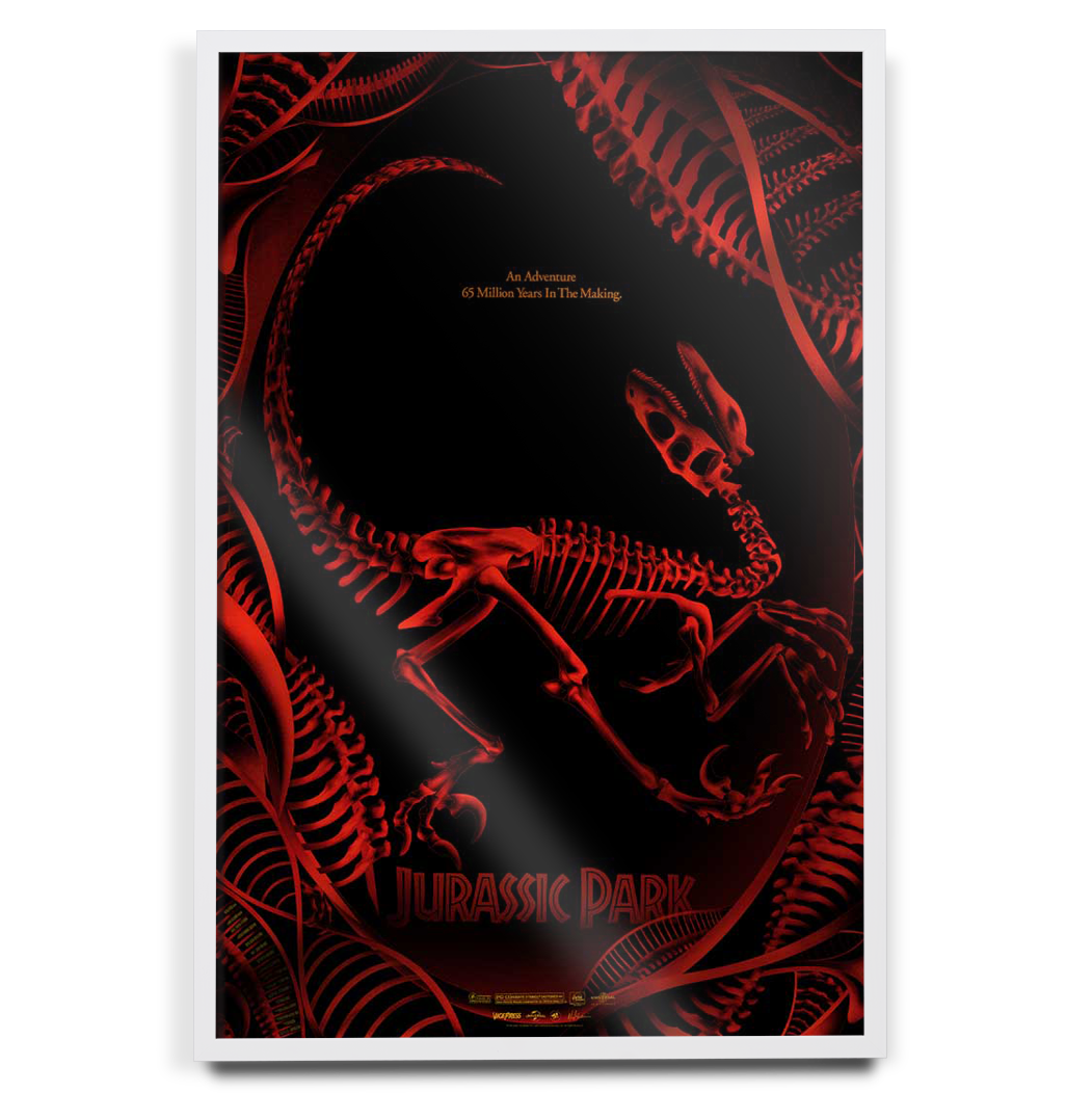 Jurassic Park Foil Movie Poster by Nada Maktari in white frame