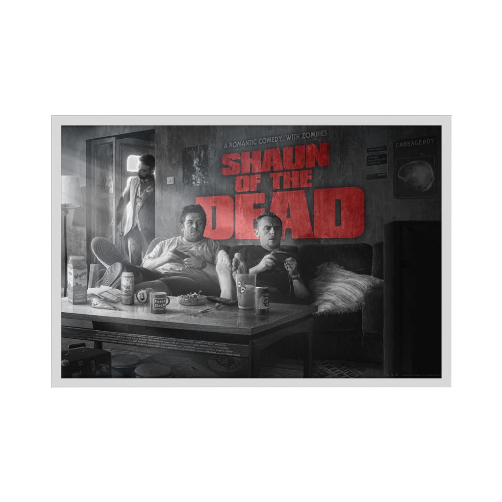 Shaun Of The Dead variant movie poster by Kevin Wilson in white frame