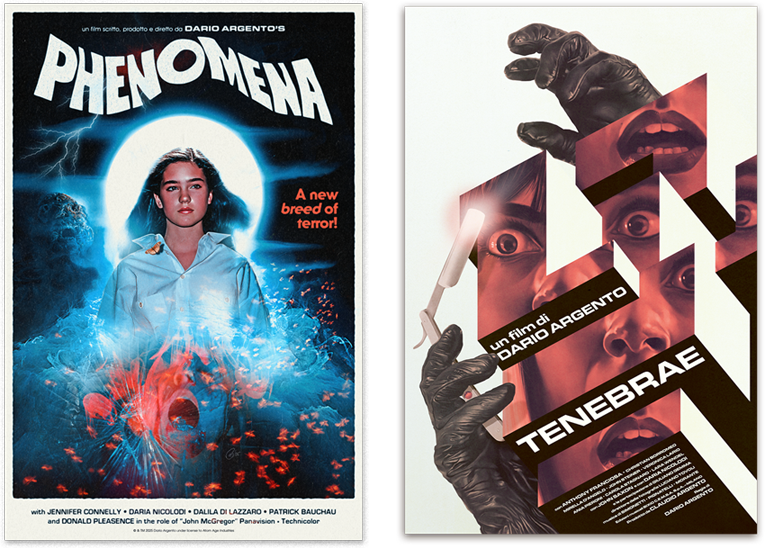 Dario Argento movie posters Phenomena by Creepy Duck Design and Tenebrae by Ben Turner