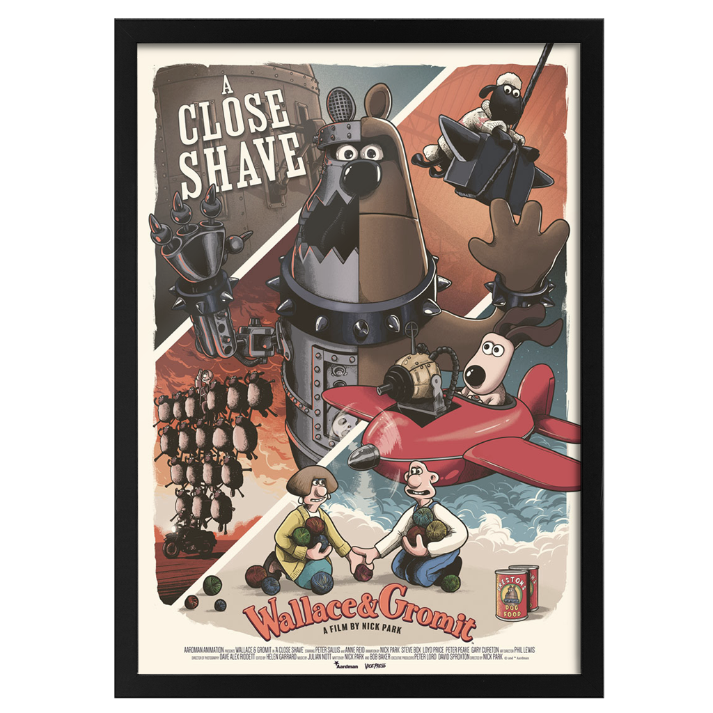 Wallace and gromit in a close shave fine art print by Mark Bell in black frame