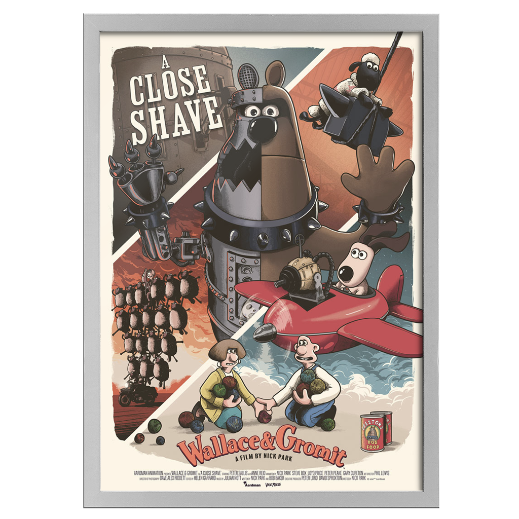 Wallace and gromit in a close shave fine art print by Mark Bell in white frame