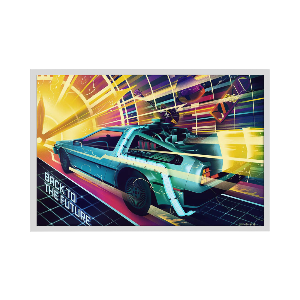 back to the future foil movie poster by Arno kiss in white frame