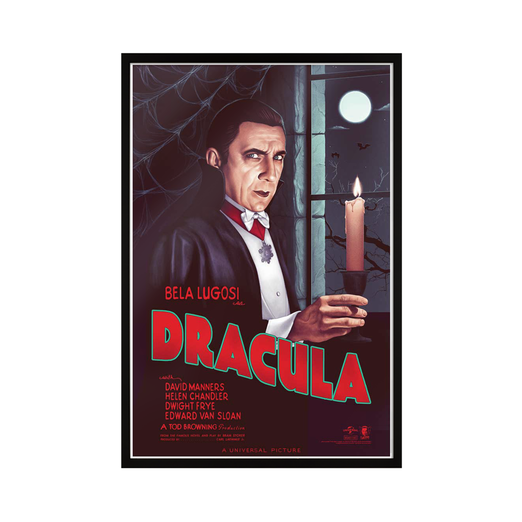 Universal Monsters Dracula Movie Poster By Sara Deck in black frame