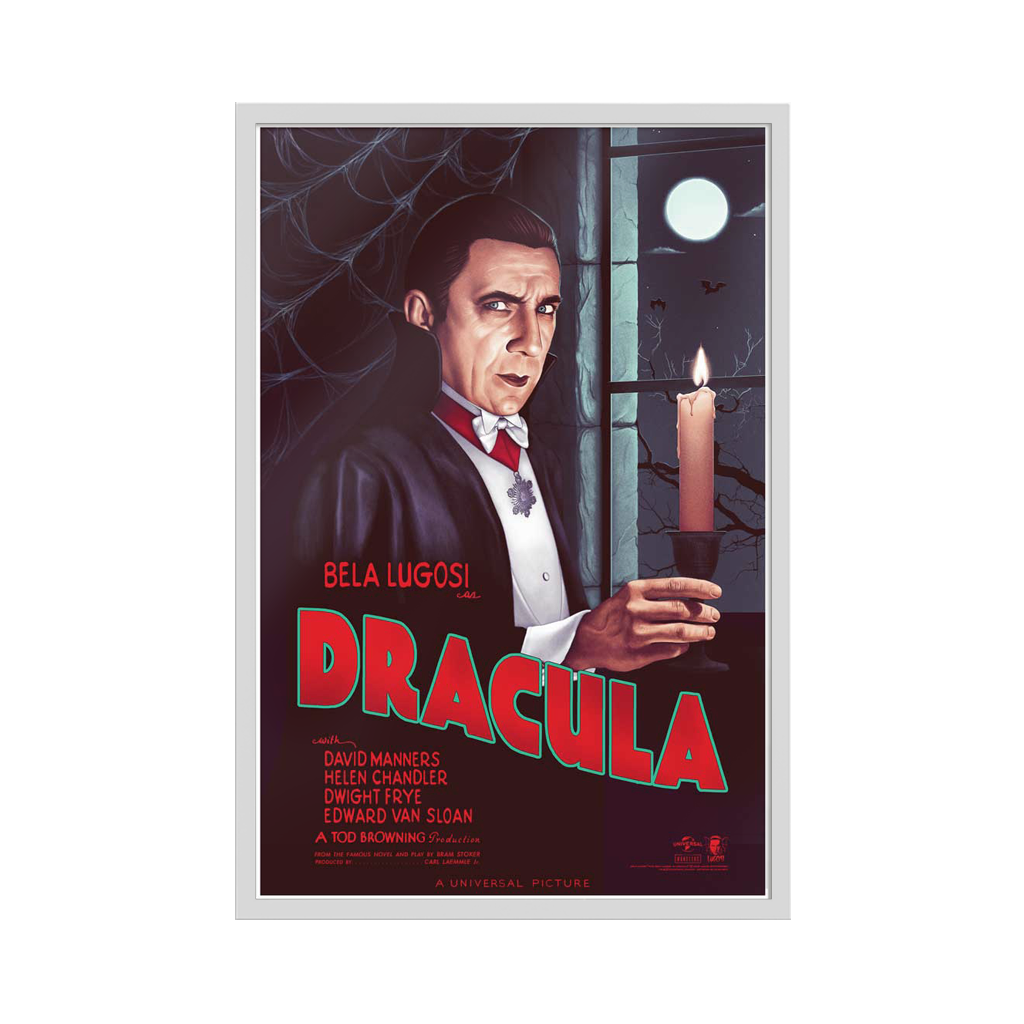 Universal Monsters Dracula Movie Poster By Sara Deck in white frame