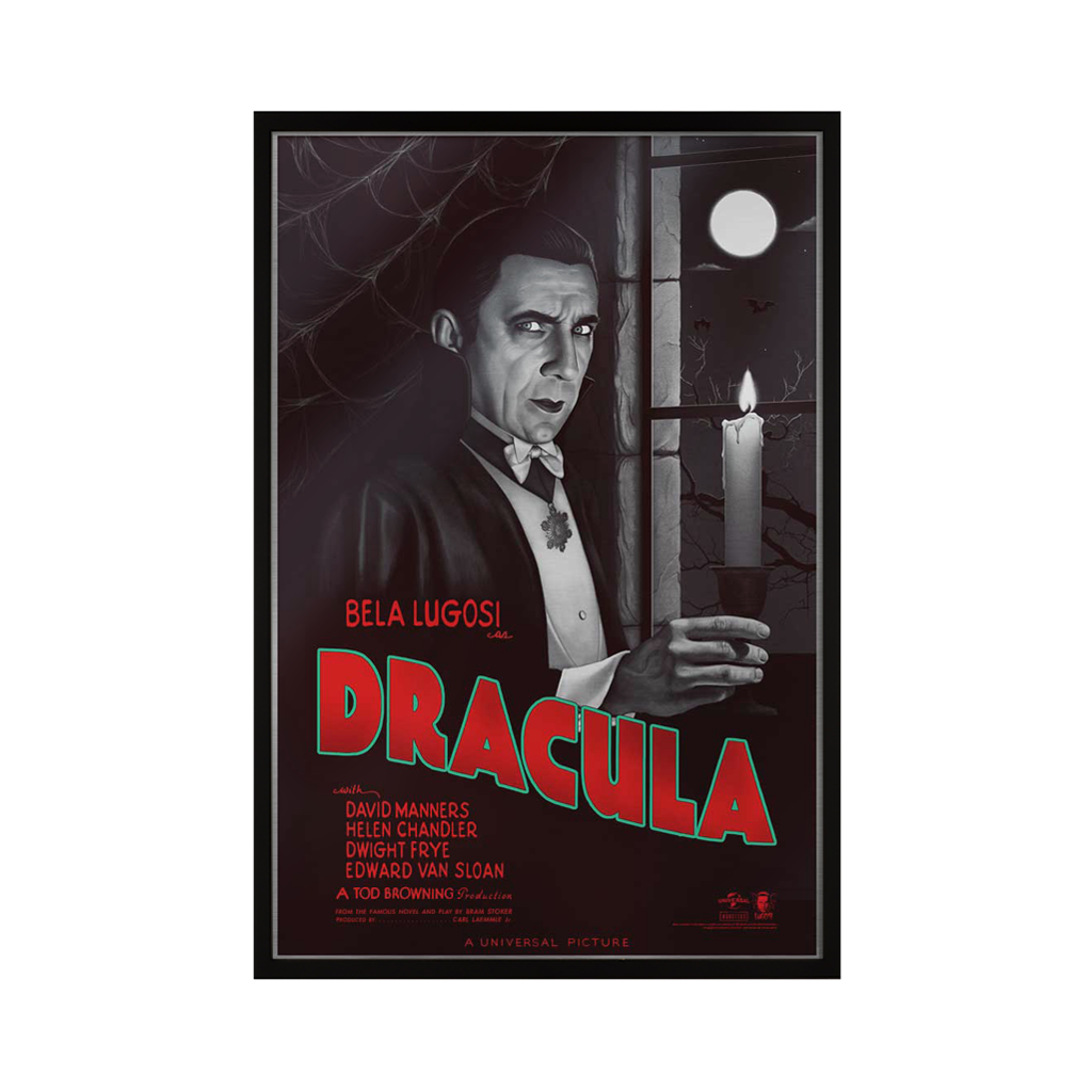 Universal Monsters Dracula foil variant movie poster by Sara Deck in black frame