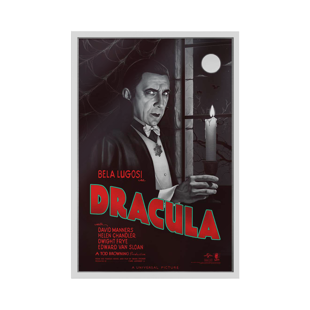 Universal Monsters Dracula foil variant movie poster by Sara Deck in white frame