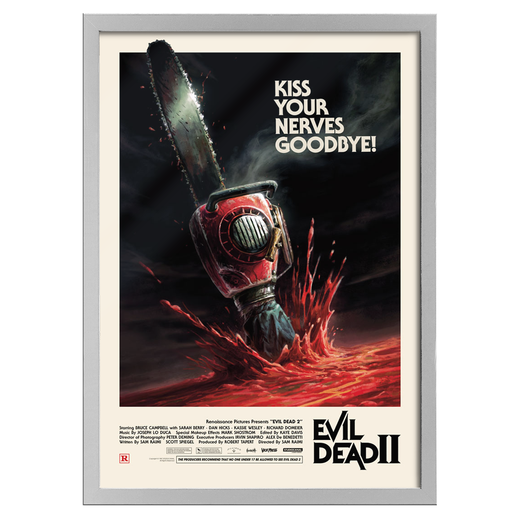 Framed Evil Dead II Movie Poster by James Bousema in white frame