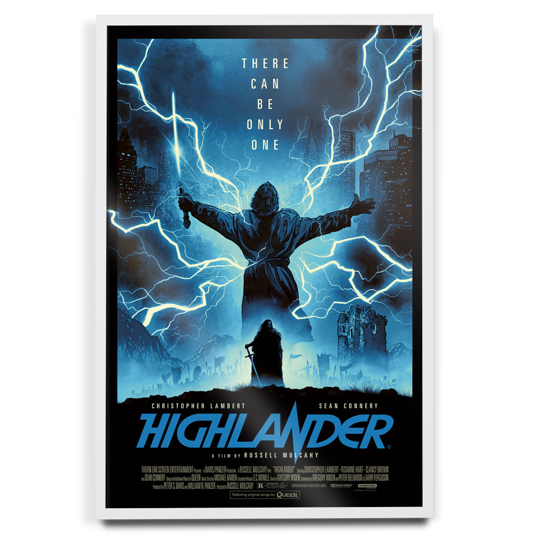 Highlander movie poster by Matt Griffin in white frame