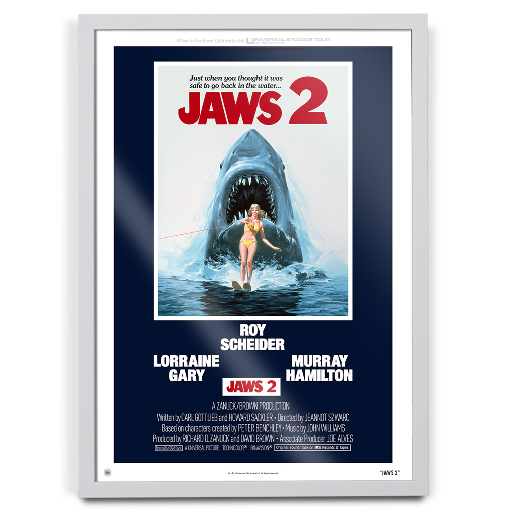 Jaws 2 editions original theatrical movie poster in white frame