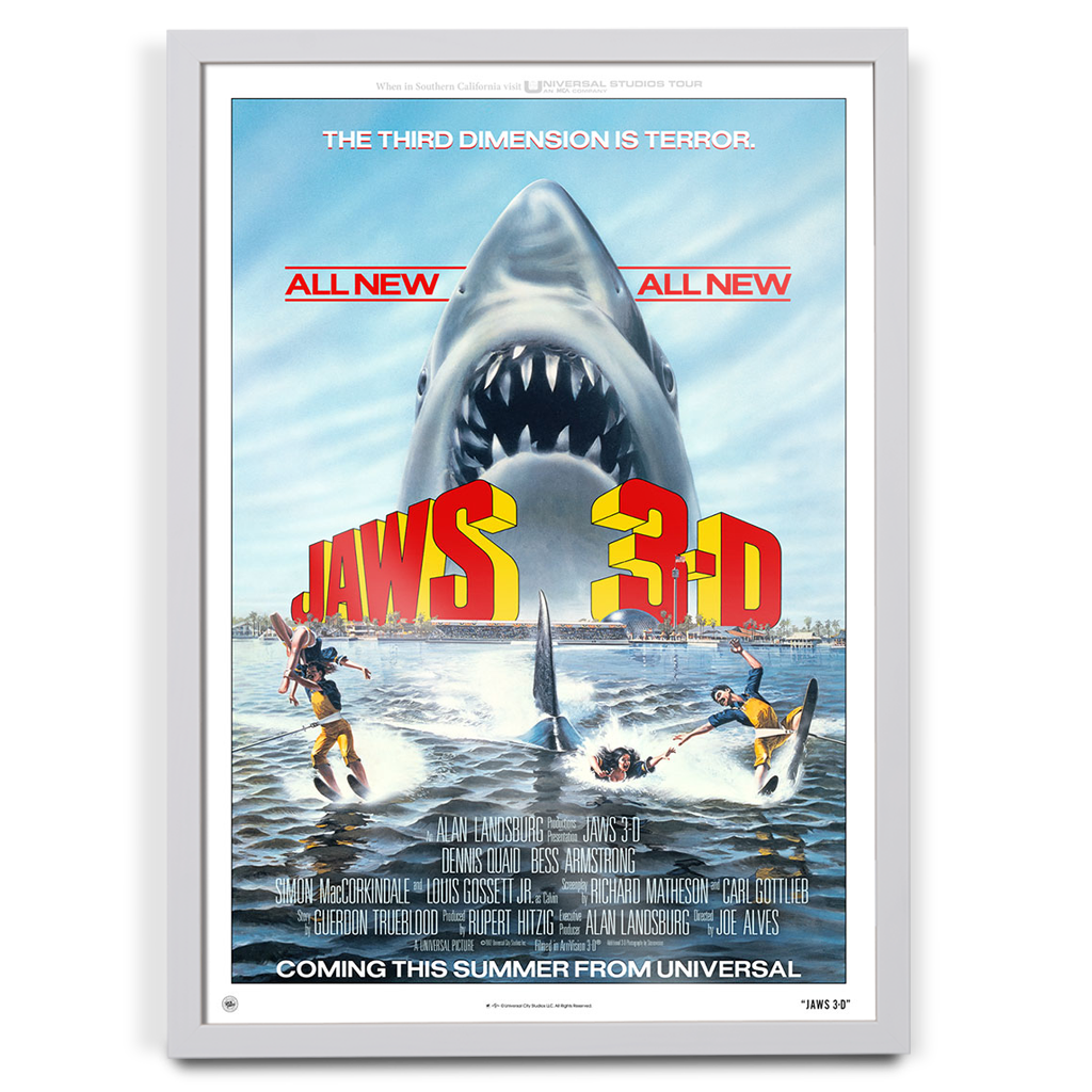 Jaws 3D Editions Original Theatrical Movie Poster in white frame