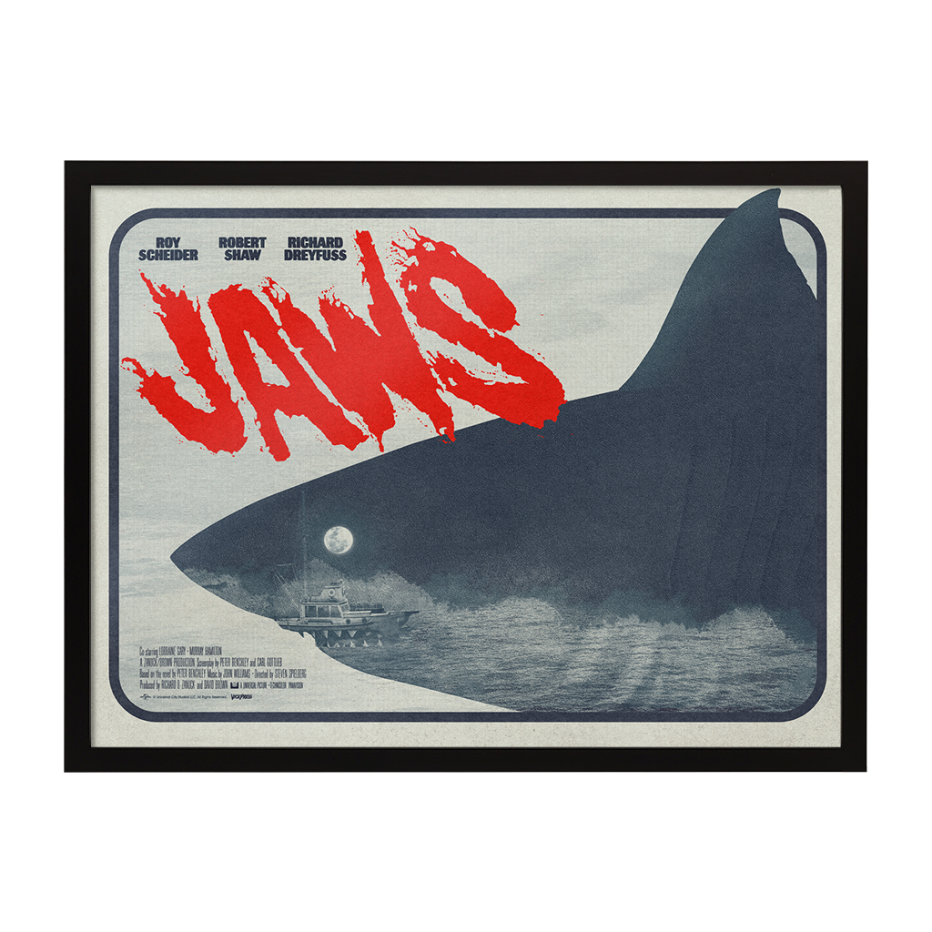 Jaws movie poster by Matt needle in black frame