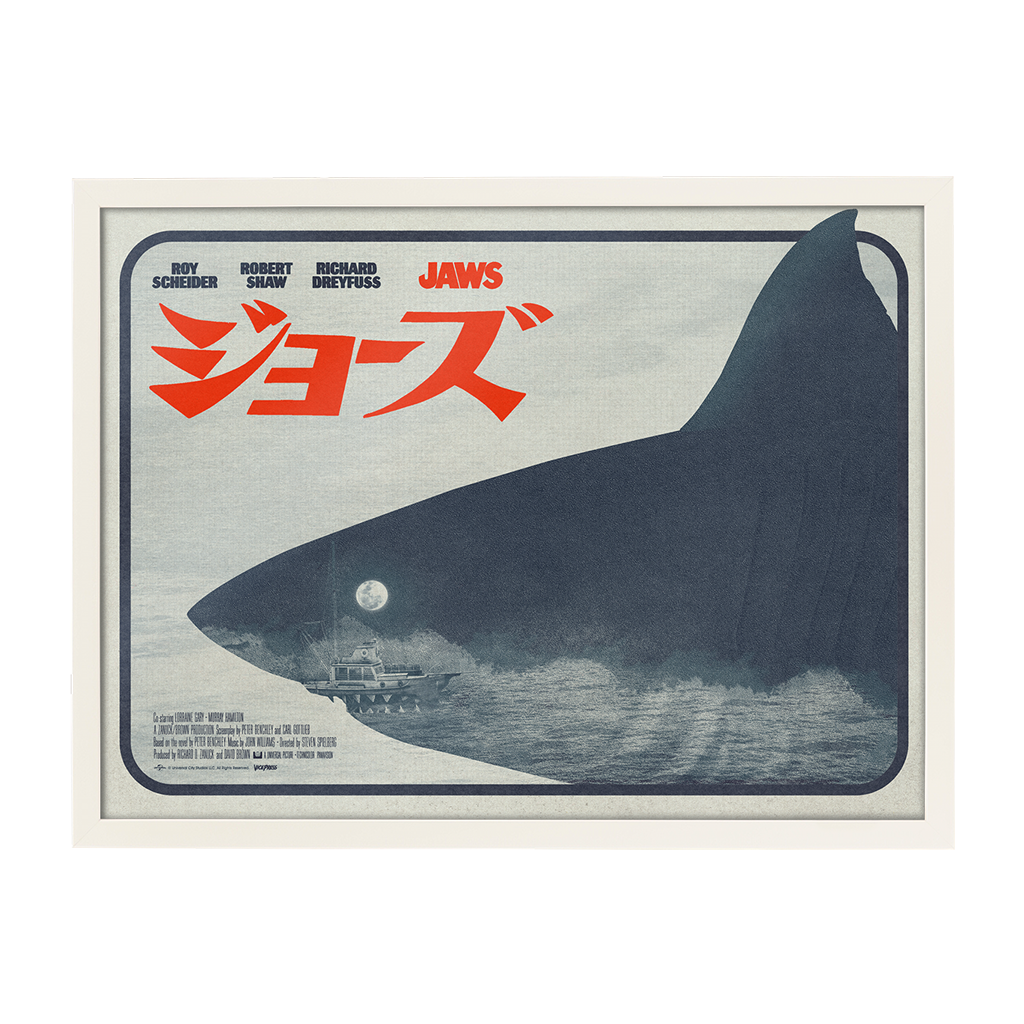 Jaws Japanese variant movie poster by Matt Needle in white frame