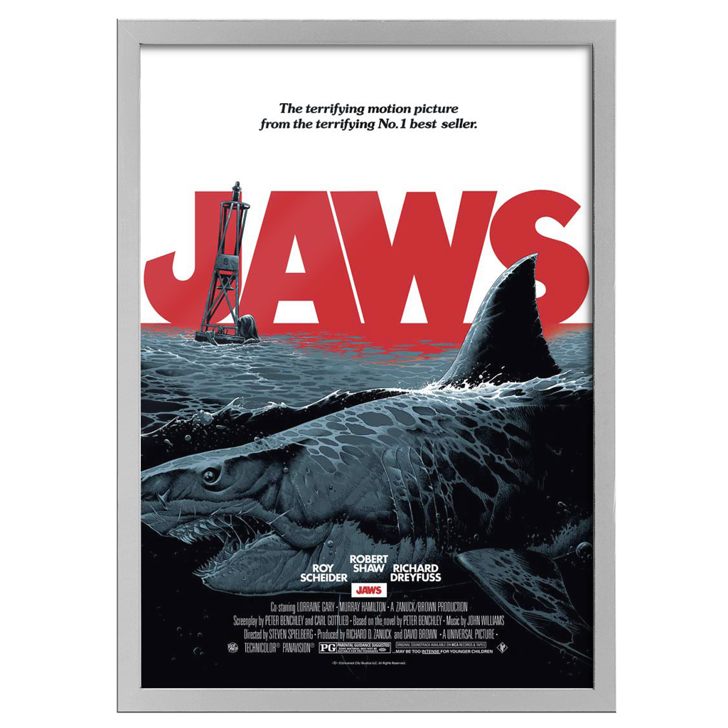 jaws editions movie poster by Luke Preece in white frame