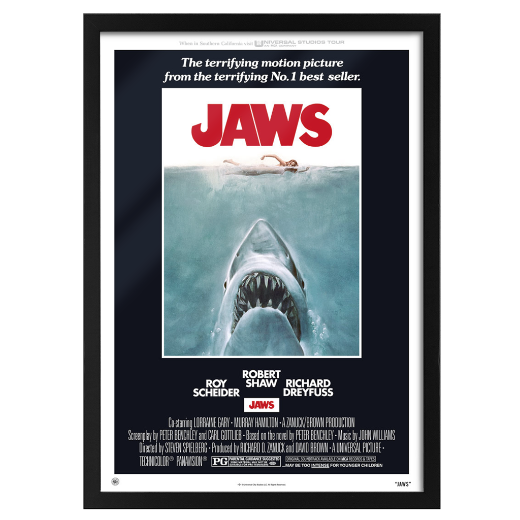 Jaws original movie poster by Roger kastel in black frame