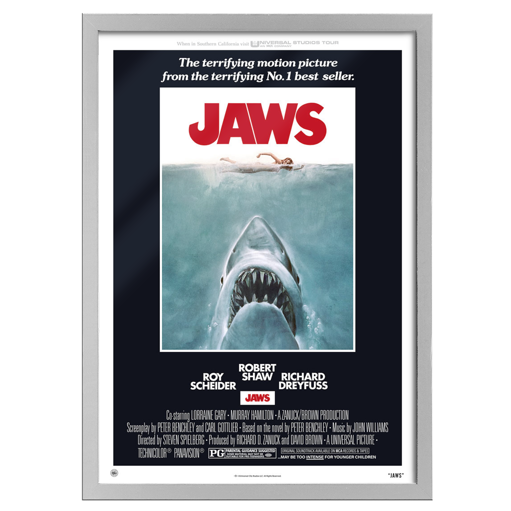 Jaws original movie poster by Roger kastel in white frame