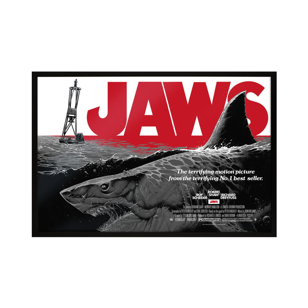 Jaws variant official movie poster by Luke Preece in black frame