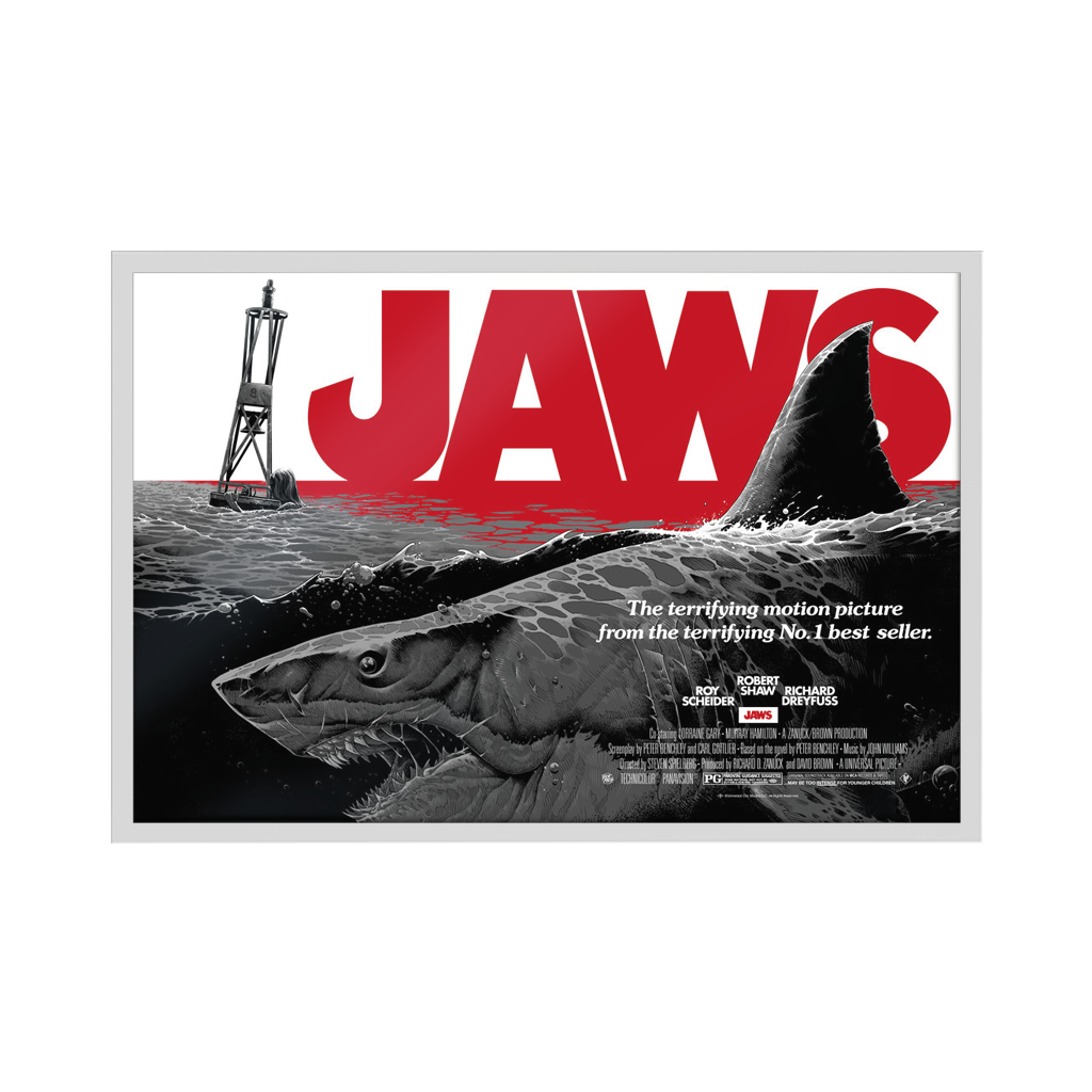 Jaws variant official movie poster by Luke Preece in white frame