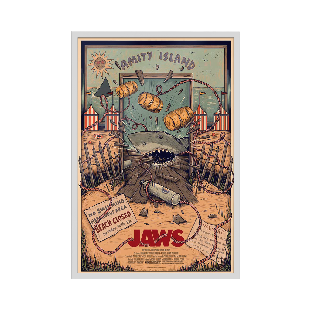 Jaws movie poster by Sam Dunn in White Frame