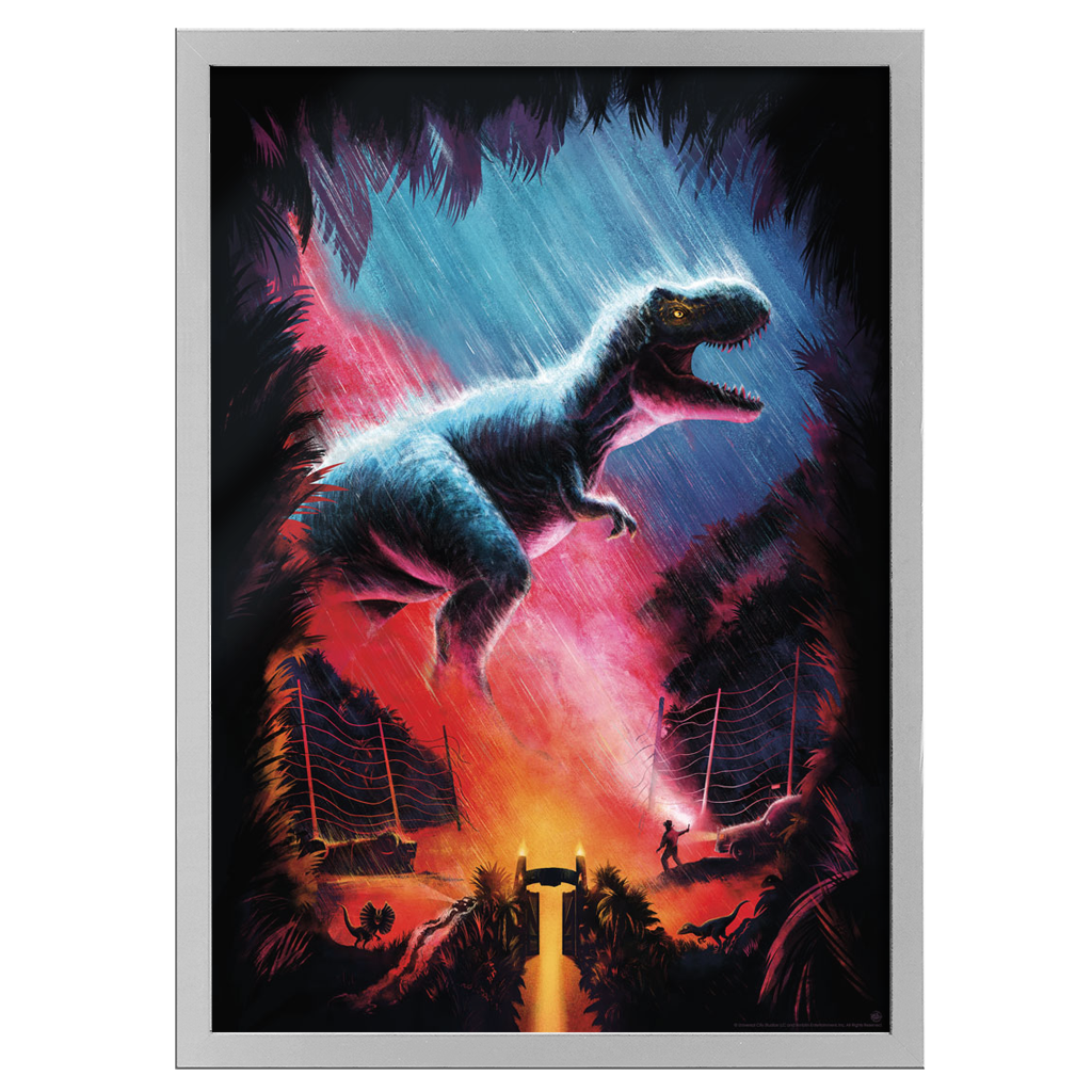 jurassic park t-rex art print by Carly AF in white frame