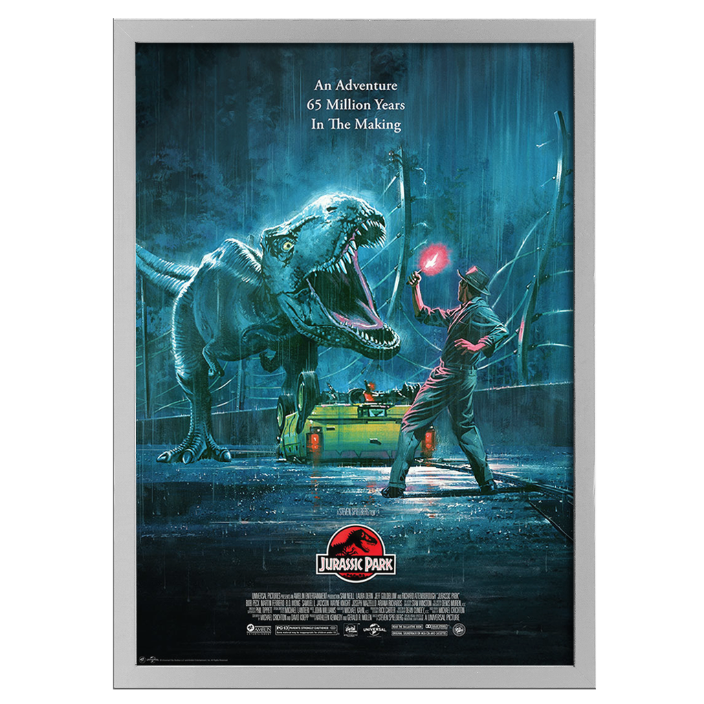 Jurassic Park Movie Poster by Paul Mann in White Frame