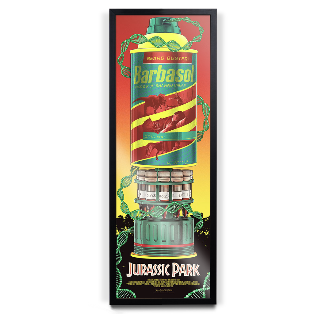 Jurassic park movie poster by Mark Bell in black frame