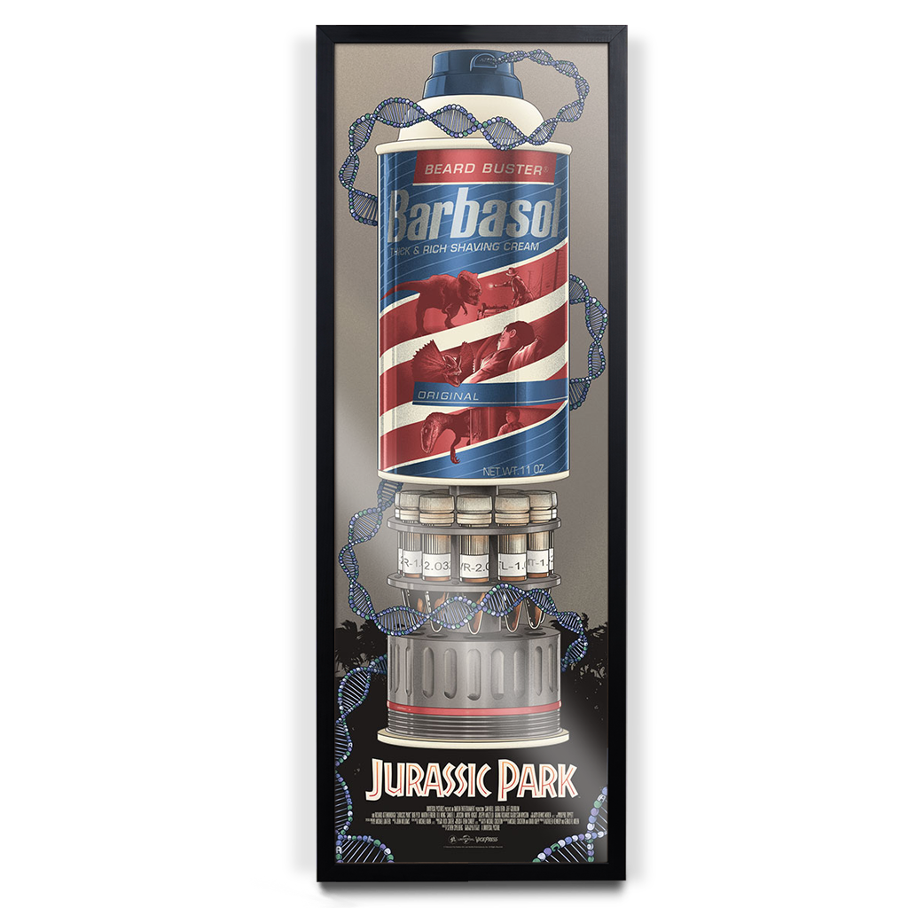 Jurassic Park Variant movie poster by Mark Bell in black frame